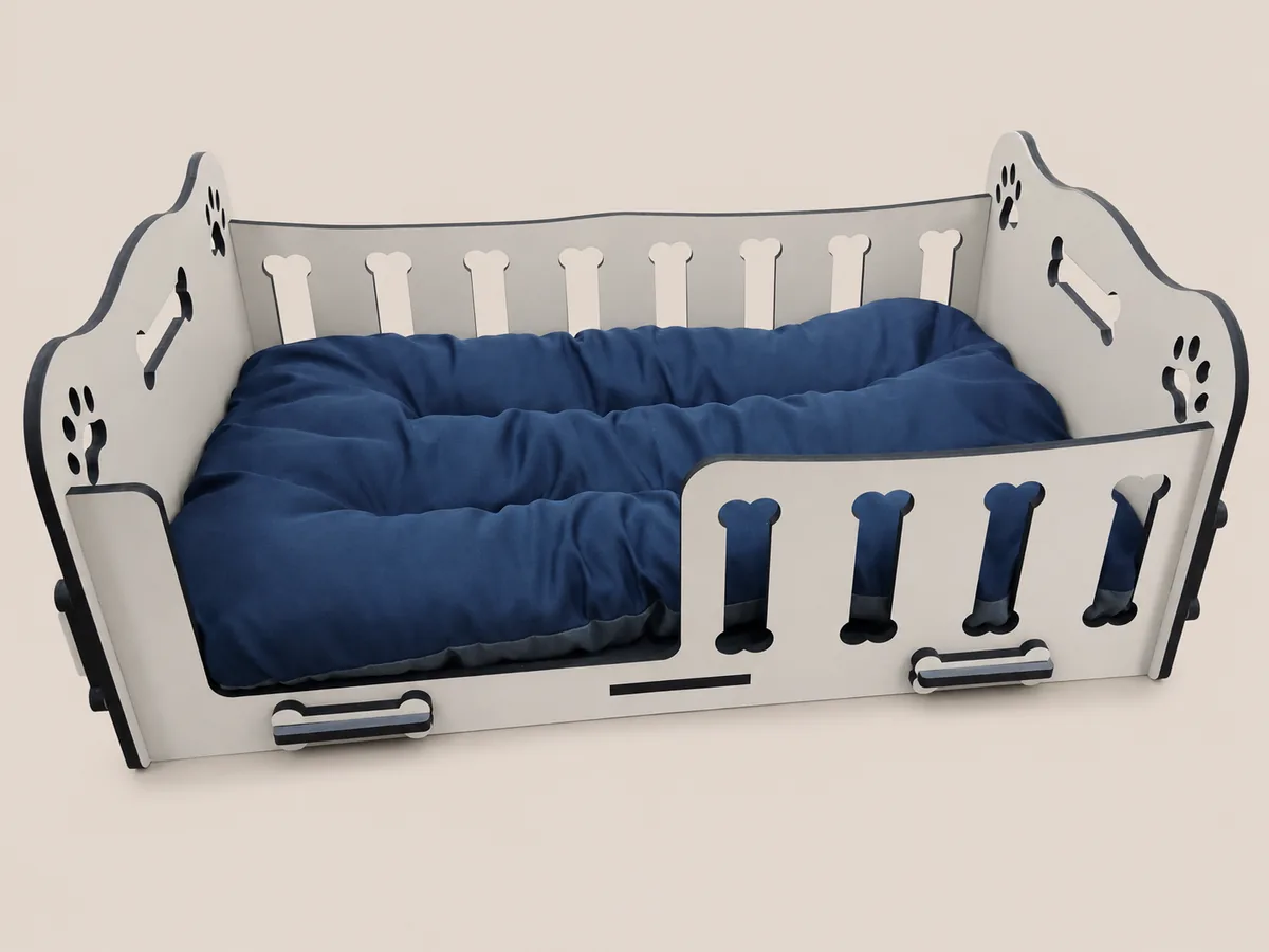 Caminha Premium off-white com grades de ossinhos e almofada azul-marinho