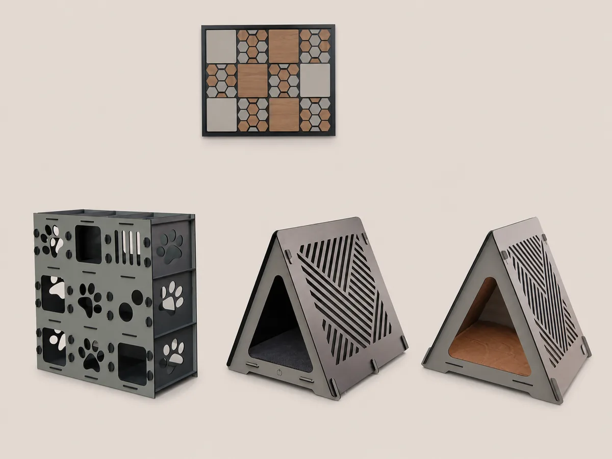 Ambiente Arkiva com playground modular e tocas para pets em sala decorada