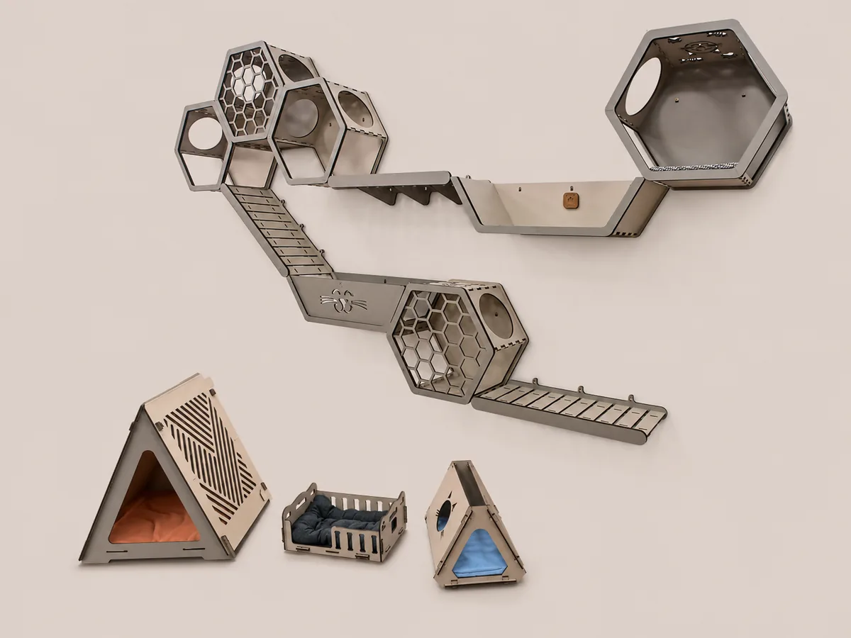 Playground de parede para gatos com módulos hexagonais, pontes e escadas